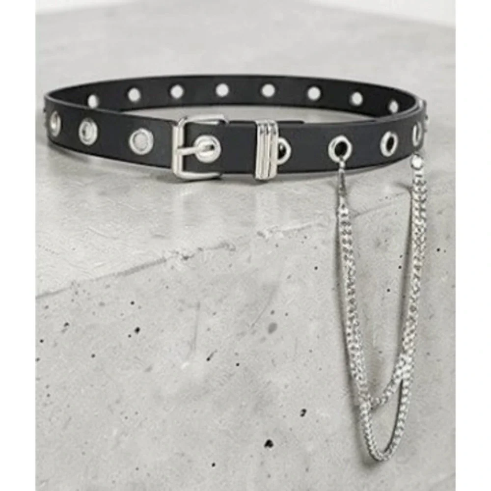 Grommet Leather Belt Detachable Chain Women Men Punk Rock Waist Belts for Pants - Picture 2 of 7